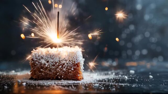Mini coconut cake dusted with powdered sugar topped by a lit sparkler, moody bokeh background conveying festive celebration and sparkling dessert