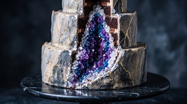 Detailed close-up of a spectacular geode cake with edible sparkling purple rock candy crystals and dark textured icing.