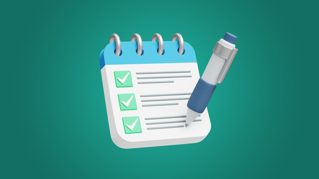 3D illustration of a notepad with a checklist and pen representing task management, to-do lists, planning, productivity, note taking and project organization