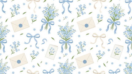 Luxury seamless floral pattern composed of blooming Forget-Me-Not flowers (Myosotis), elegant hand-tied floral bouquets with satin ribbons, vintage envelopes with wax seals, botanical greeting cards,  © khan