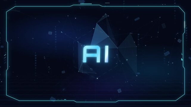 Glowing AI title hologram rising over low poly digital mountain landscape, technology intro animation