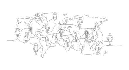 Fototapeta premium Global Network of People Connected on World Map Outline