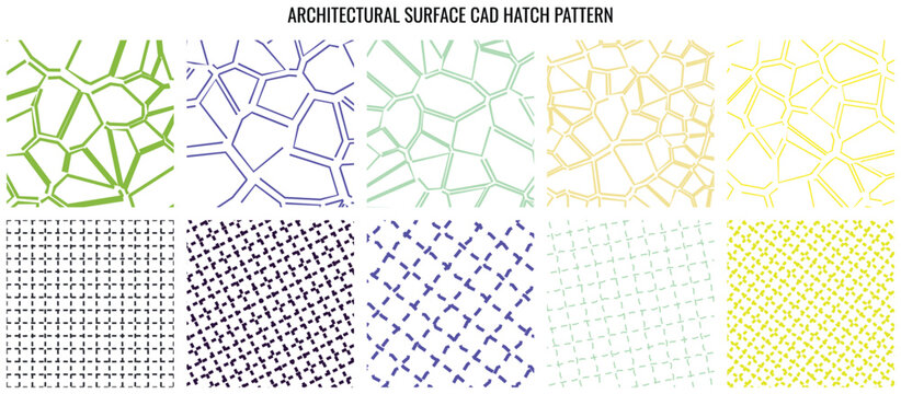 Set of modern cad hatch patterns featuring dashed lines and geometric shapes for architectural technical floor plans