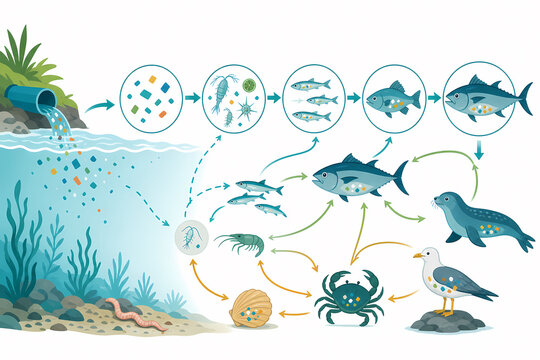 Microplastics aquatic food chain pathway illustration