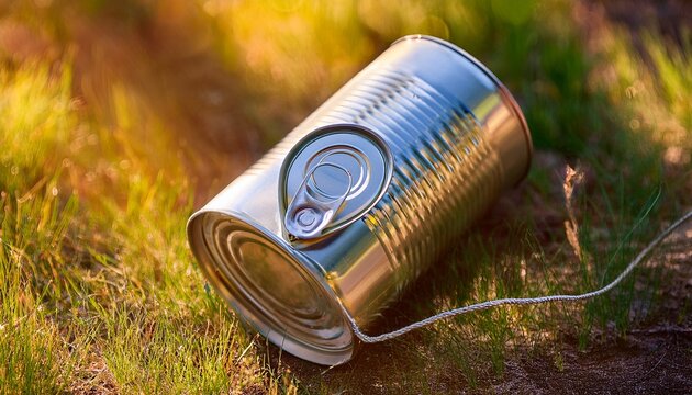 let s reconnect the old fashioned way with a tin can telephone enjoying simple communication and nostalgic fun outdoors in the bright sunlight