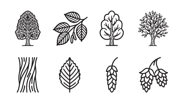 Set of forest tree and botanical elements line icons with botanical woodland illustration environment minimalist collection isolated decoration