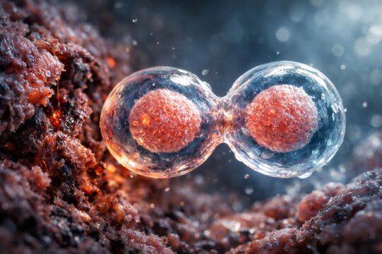 Two transparent cells with prominent red nuclei undergoing division, representing the growth and reproduction of life within a complex biological organism
