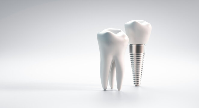 Dental implant and molar tooth isolated on white background with copy space - 3D illustration