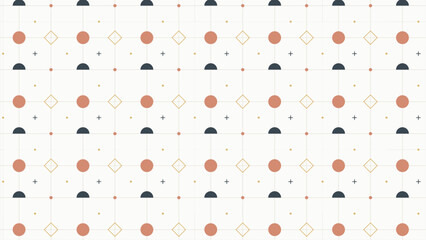 Minimalist geometric grid pattern with circles diamonds and plus signs Scandi style mid century modern aesthetic seamless wallpaper background for graphic design © Asher