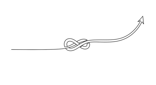 Infinity knot transforming into upward arrow line art, concept of growth and overcoming challenges