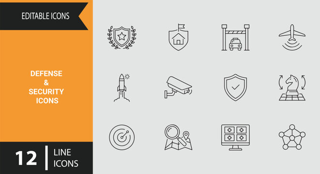 Defense And Security Outline Icon Set Featuring National Shield Guards Military Intelligence And Protective Controls