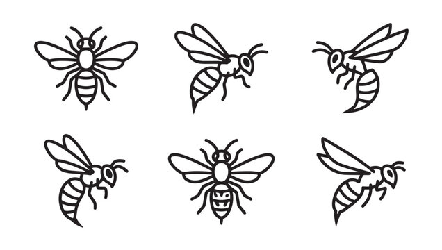Honey bee flying and resting icon set vector illustration with honeybee wildlife collection monochrome isolated entomology minimalist character creature pollinator iconography