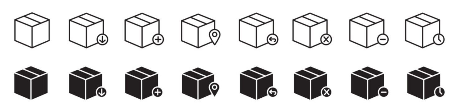 Boxes icon set in Outline and Solid . Package, delivery, warehouse, truck, freight location tracking minimal vector illustration.