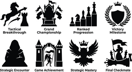 Chess Strategy and Achievement Black Silhouette Icons Set for Gaming Progress and Victory © MdTanvir
