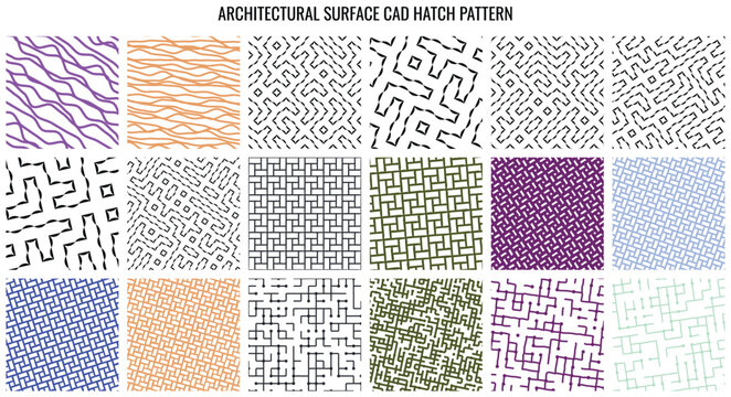 Variety of architectural cad hatch patterns featuring modular grid systems and maze like line art designs