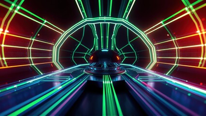 Fototapeta premium Futuristic tunnel glows with vibrant neon lights. Central object suggests speed, motion, digital environment. Dark background emphasizes luminosity.