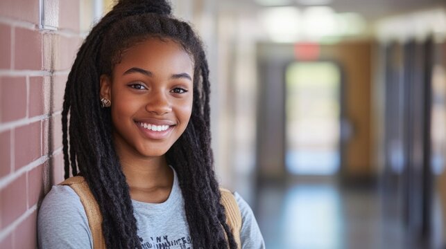 Happy gen z Latin girl student on university coridor background.