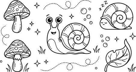 Cute Cartoon Snail And Garden Mushroom Kids Coloring Page Vector Set Line Art © pappa