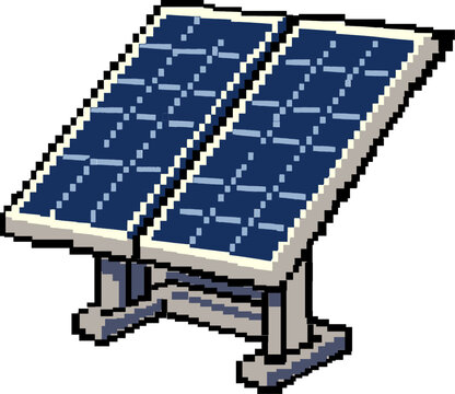 Pixel art solar panel with sun icon representing renewable energy generation icon nostalgic 8-bit digital vector graphic design
