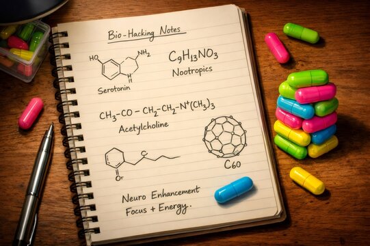 Notebook displaying bio hacking concepts, chemical formulas for serotonin, acetylcholine, nootropics, and C60, surrounded by various colorful supplement capsules on a wooden background