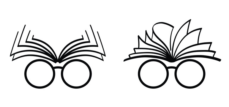 Cartoon open book and pages. Education concept with eyes and glasses. Line drawing. Opened books sign. Book store logo. Flying pages. World book day.