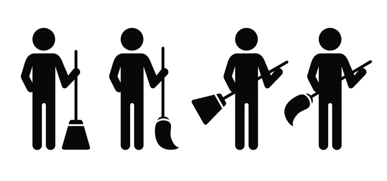 Stickman wth cleaning broom or mop. Stick figure man sweeping the floor icon or pictogram. Sweepier, cleaning service. Clean tools. Cleaner, sweep logo. Brooms symbol