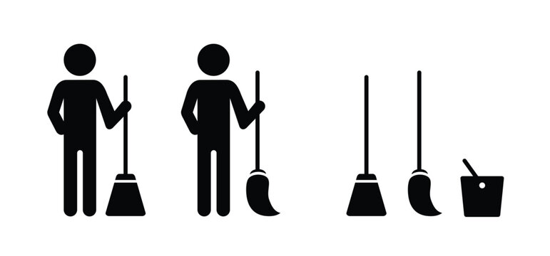 Stickman wth cleaning broom or mop. Stick figure man sweeping the floor icon or pictogram. Sweepier, cleaning service. Clean tools. Cleaner, sweep logo. Brooms symbol
