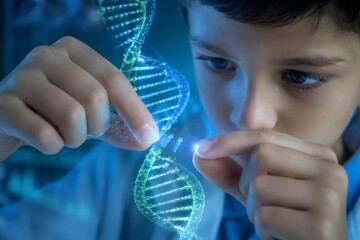 Fototapeta premium Curious child deeply focused, manipulating a glowing scientific genetic model with his fingers, exploring concepts of genome research and future biotechnology