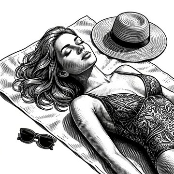 A fictional woman in stylish swimwear reclining peacefully while sunbathing, eyes closed and wearing a serene expression that conveys a relaxed summer mood. 