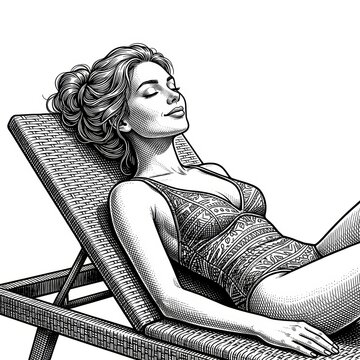A fictional woman in stylish swimwear reclining peacefully while sunbathing, eyes closed and wearing a serene expression that conveys a relaxed summer mood. 