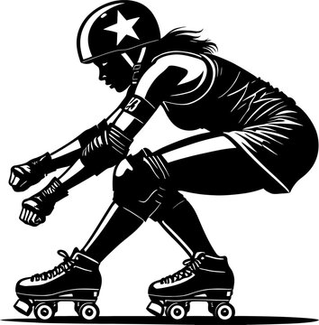 Roller derby woman skater in low stance position, female athlete wearing helmet with star roller skating vector illustration isolated on white background