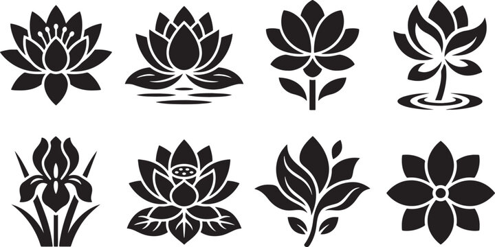 Aquatic water lily lotus and wild iris blossom silhouettes bundle