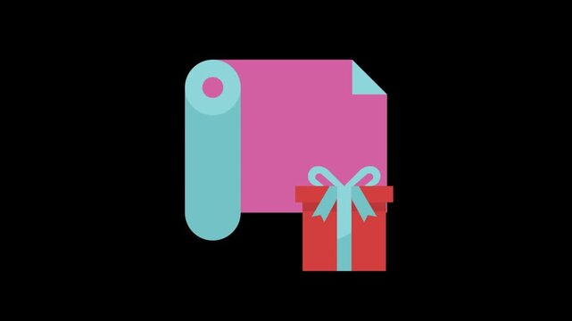 2D flat animation of a roll of wrapping paper next to a gift, symbolising festive preparation, celebrations, and gift-giving.
