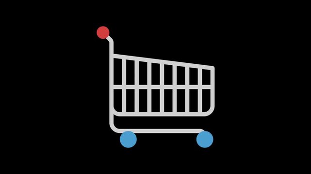 A 2D flat animation of a shopping cart, symbolising retail, e-commerce, supermarkets, and grocery shopping.