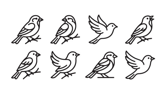 Set of eight small bird silhouettes in outline style for icons or web design with wildlife minimalist songbird collection isolated creative ornithology chirping silhouette illustration