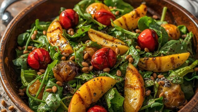 Vibrant summer salad featuring spinach, avocado, nectarine, chia seeds, arugula, and cherry tomatoes, drizzled with olive oil and balsamic vinegar.
