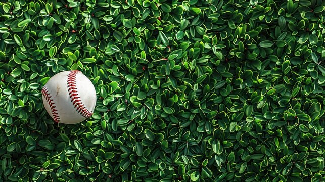 Baseball resting on a green leafy background