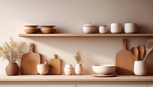 chic minimalist beige and white kitchen shelf accented with warm wooden utensilsmopen airy and elegantly practical for daily cooking