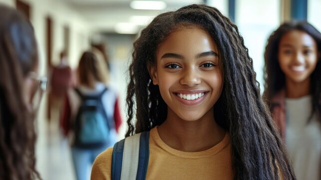 Happy African American high school student walking through hallway with her friends and looking at camera.