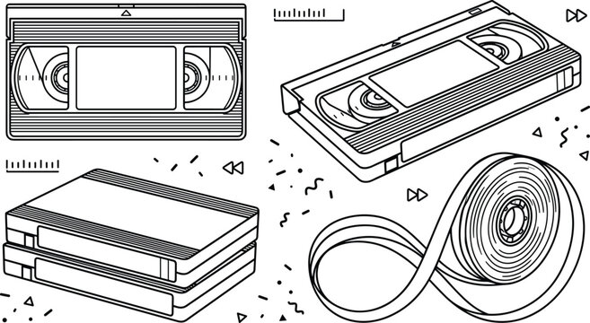 Vintage VHS Video Cassette Tape Collection With Magnetic Ribbon In Line Art Design