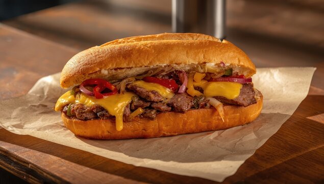 Vertical macro shot of a homemade Philly cheesesteak sandwich featuring onions and peppers on a table.