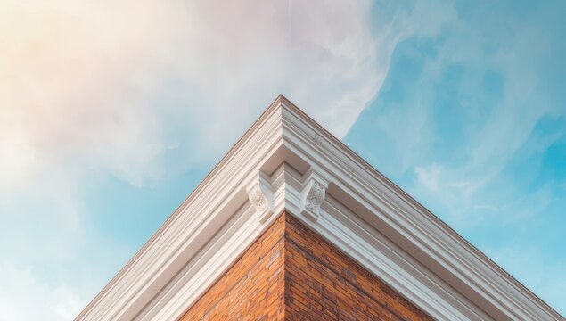 The picture highlights the building's corner where an elaborate white cornice connects with a brick wall.