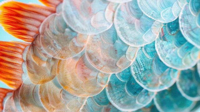 Close-up macro of iridescent multicolored fish scales and orange fin, detailed shimmering texture and abstract marine pattern