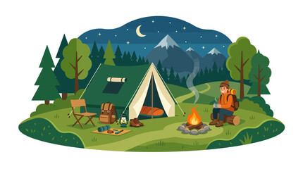 Green tent campfire backpack camper trees mountains night and starry sky for outdoor camping, nature, adventure, hiking, and travel concepts. © Luqman
