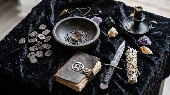 Ancient witchcraft artifacts laid out for ritual on a dark velvet cloth