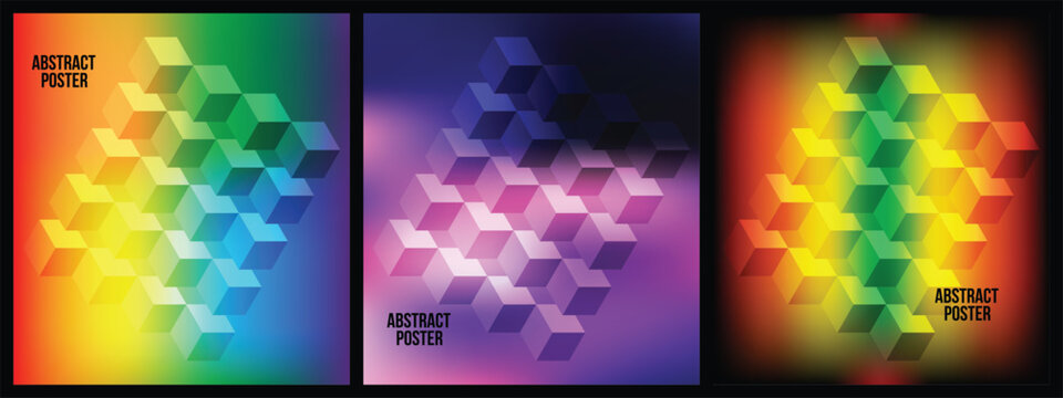 Abstract 3D Geometric Cube Pattern Background Set with Vibrant Rainbow Gradient, Modern Isometric Blocks and Futuristic Minimal Design