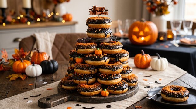 Festive Halloween donut tower with pumpkins and spooky decorations