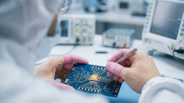 Engineer hands wearing pink gloves using tweezers to place microchip on blue circuit board in cleanroom laboratory.