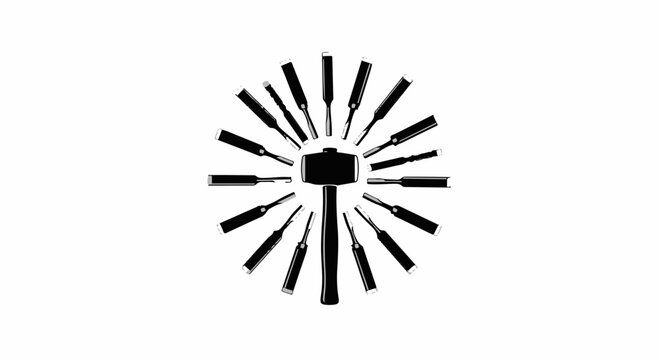Hammer and chisels radiate from center, symbolizing craftsmanship and creation.