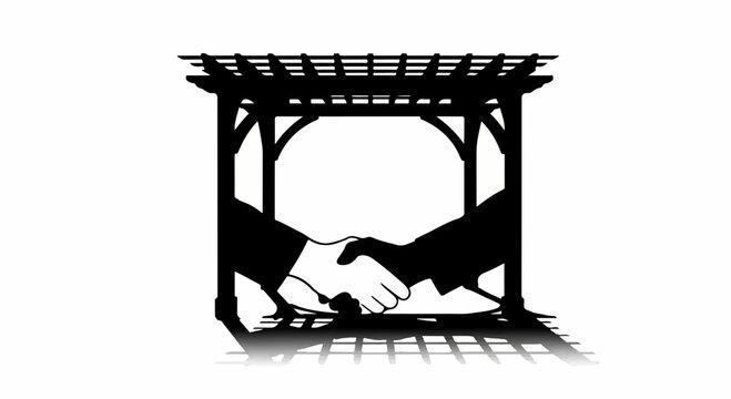 Two people sealing a deal with a handshake under a pergola's shade.